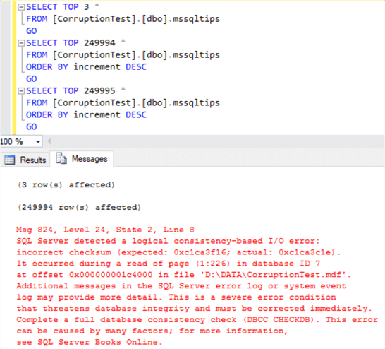 3 queries showing error only when storage engine needs to access the corrupted data page.&#xA;The error message indicate that the expected and actual checksum value is different.