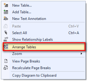 The image illustrates a process how to find the "Arrange Tables" menu item.