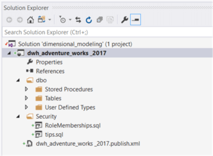 The image illustrates the solution explore panel in the Visual Studio. This indicates that the database project has been created successfully.