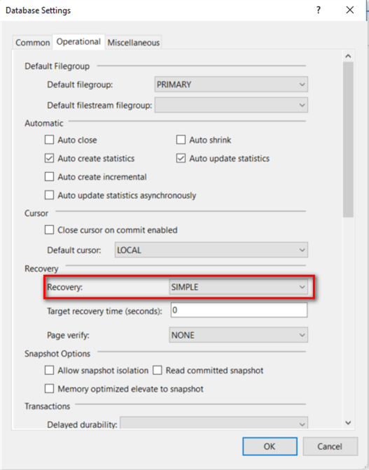 The image shows a pop-up window for database settings. There is a recovery dropdown list.