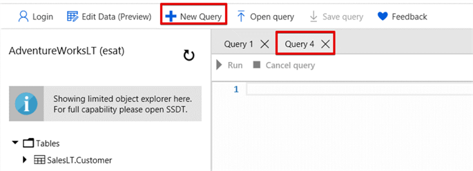 azure query editor new query