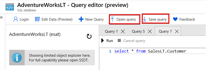 azure query editor open query