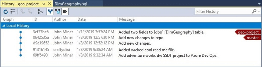 Visual Studio shows the history of local changes.