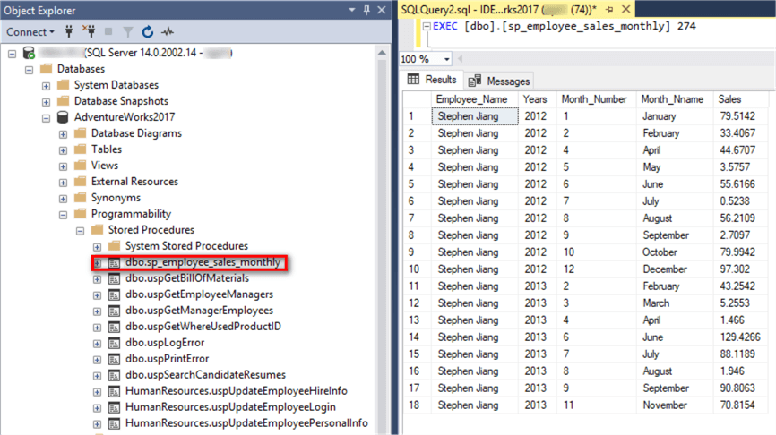The screenshot shows codes and execution results of the new stored procedure through SSMS.