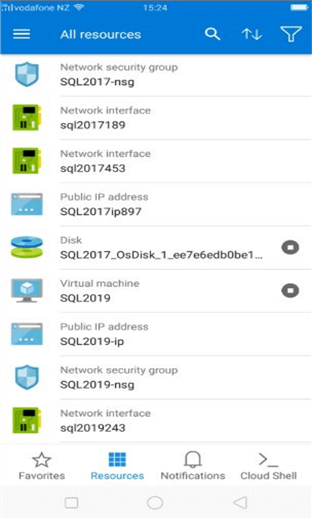 resources view on azure mobile app