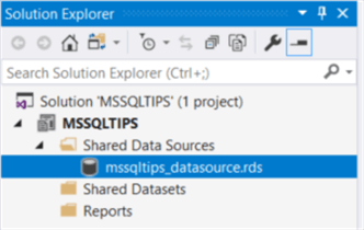 The screenshot demonstrates the folder structure of a report server project in the Solution Explore panel. We can see that the new shared data source appears in the “Shared Data Source” folder.