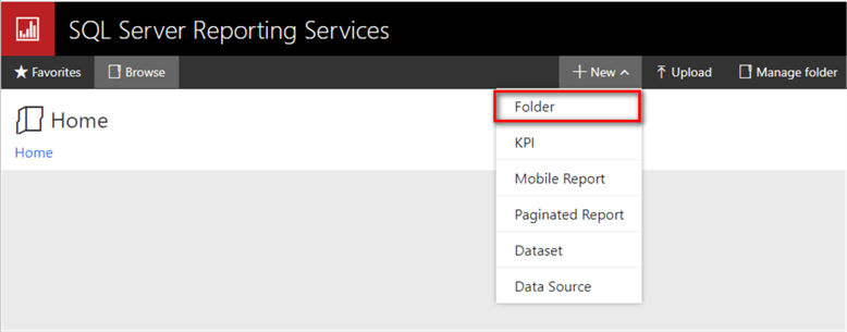 The screenshot demonstrates how to add and a new folder to the report server.