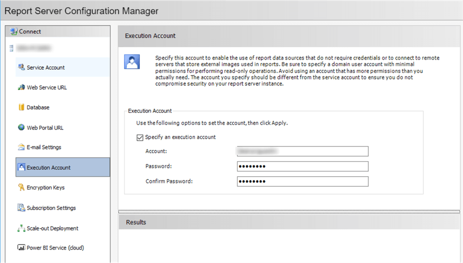 The screenshot shows the “Execution Account” tab in the “Report Server Configuration Manager” dialog, in which we can set up an Unattended Execution Account. 