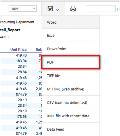 The screenshot demonstrates how to export the report to local computer and the report will be in PDF format.