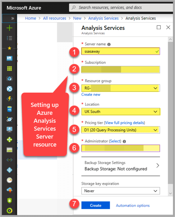 setting up azure analysis services server resource