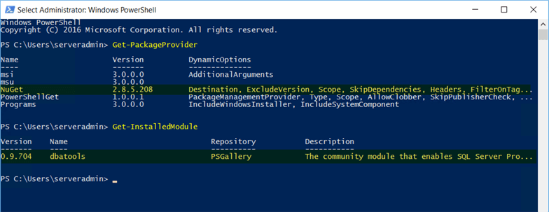 PowerShell - Installed Packages Module Verify that NuGet and PowerShell elements are installed.