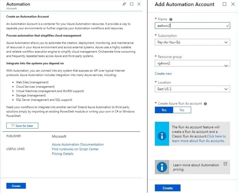 Azure Portal - Add Automation Account Dialog Boxes