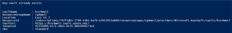 Using PowerShell to create a key vault if it does not exist.