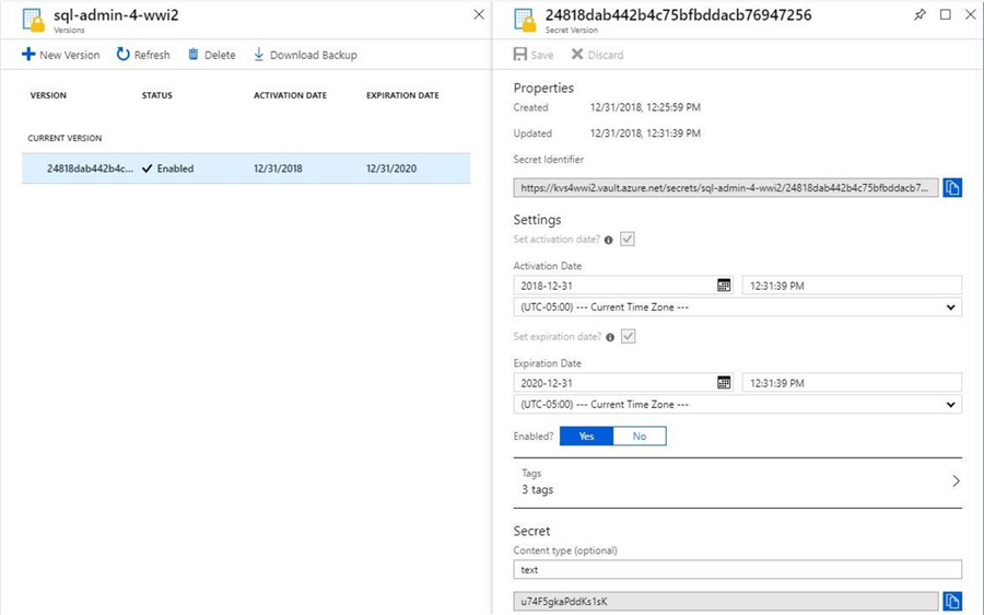 Using the Azure Portal to view the updated secret that has additional information.
