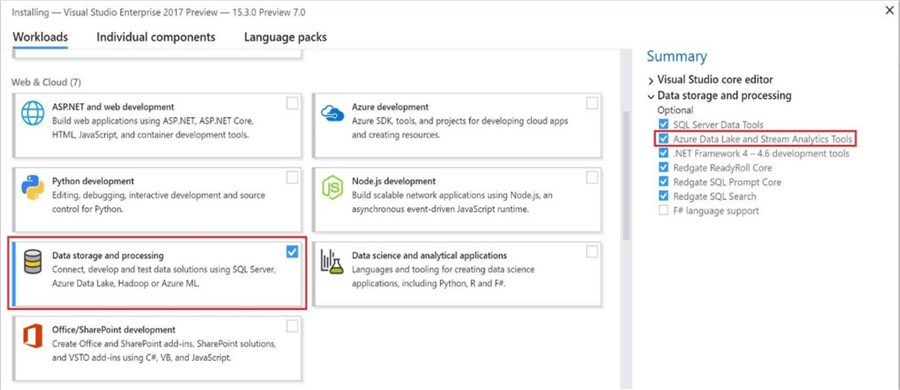 How to install azure tools Data Storage and processing