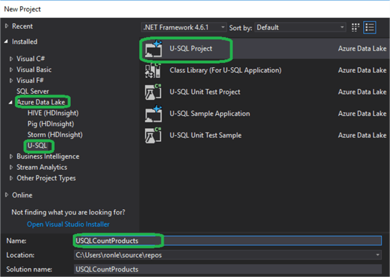How to create a new Viscual Studio Project for USQL