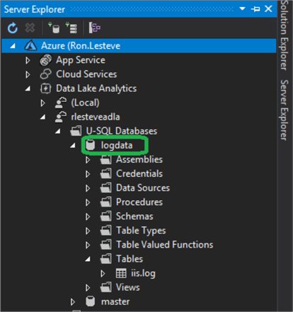 expand the Data Lake Analytics node under my subscription to see my Azure Data Lake Analytics service. In the Databases list, I select logdata