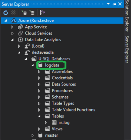Connect to Azure from VS and open the logdata db.