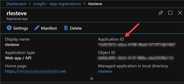 Application ID displayed in the Registered App details