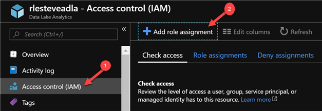 navigate to my Data Lake Analytics Account and then click Access Control (IAM) and click Add role assignment.