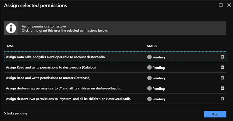 Assign Selected Permissions pending status list.