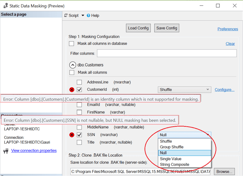 Error details on selecting wrong colum and masking function