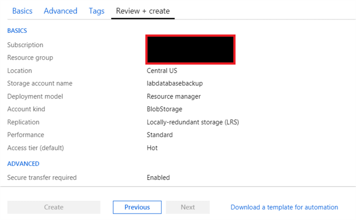Review configurations for the Azure Storage Account