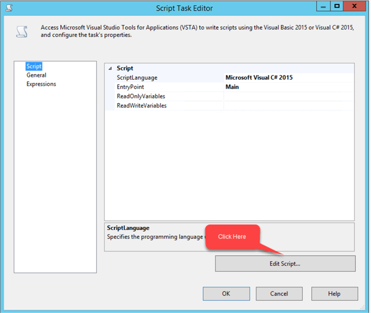 On the SSIS Script Task Editor interface, click the Edit Script button