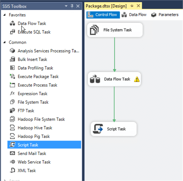 In SSIS connect the Data Flow Task and Script Task