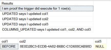 The results show that both UPDATED and COLUMNS_UPDATED report all 3 columns were updated.  The row looks as expected with BEFORE, a GUID, and NULL values respectively.