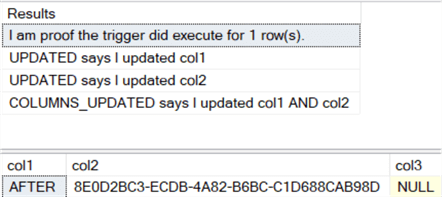 The results show that both UPDATED and COLUMNS_UPDATED report all that both col1 and col2 were updated even though both were technically unchanged. 