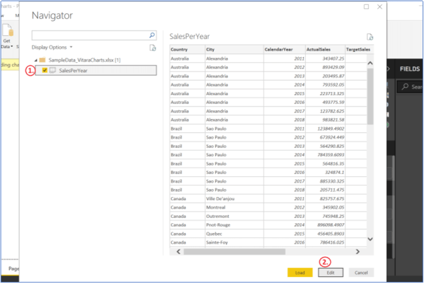 Select an excel file and click edit button in Power BI Desktop