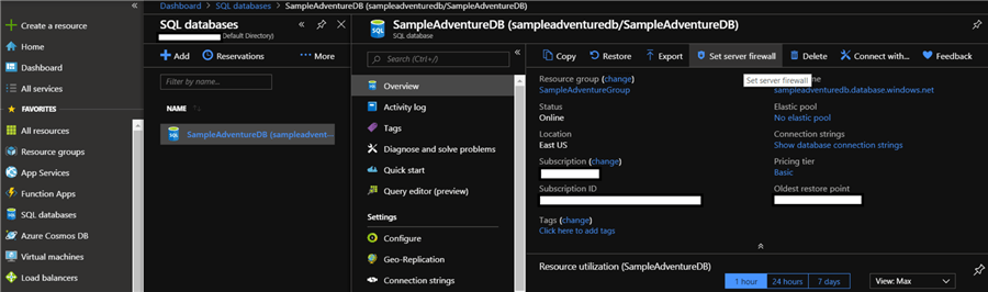 This image shows on how to access server firewall of Azure SQL DB