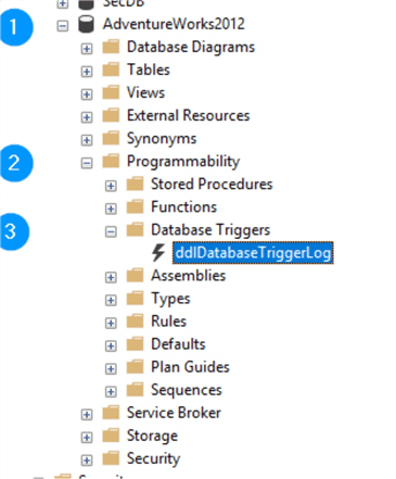 These are the steps to find database scoped triggers in SSMS.