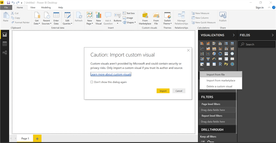 Click Import button to import custom visual in Power BI Desktop.