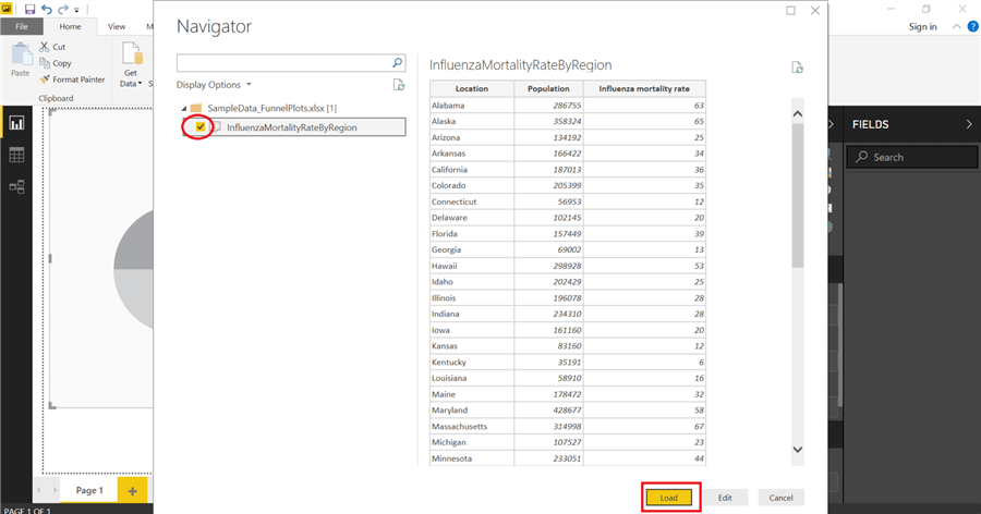 Selecting sheet in the excel file and click Load button to populate data in Power BI Desktop.