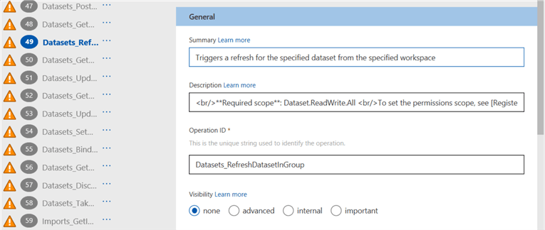 Triggers a refresh for the specified dataset from the specified workspace