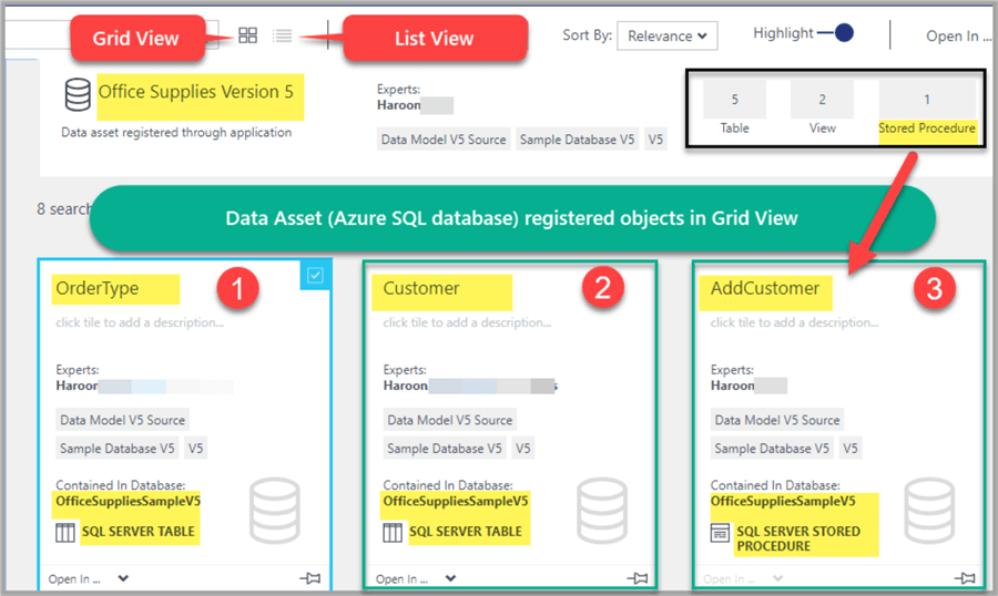 Azure SQL database registered objects in Grid View
