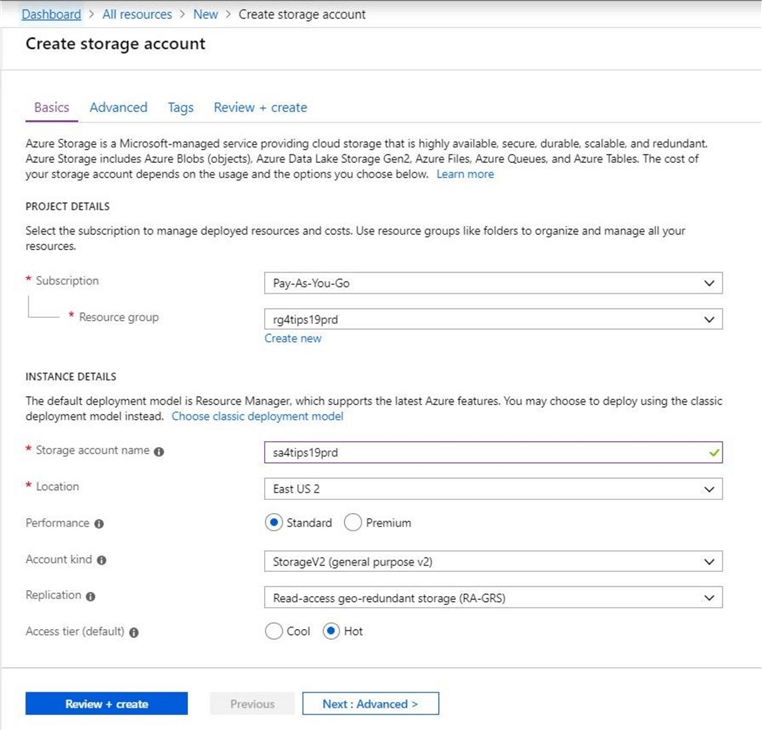 Azure Portal - Basic Options - Make sure the resource group and account name are set the way you want.  Make sure Storage V2 is choose as the type.