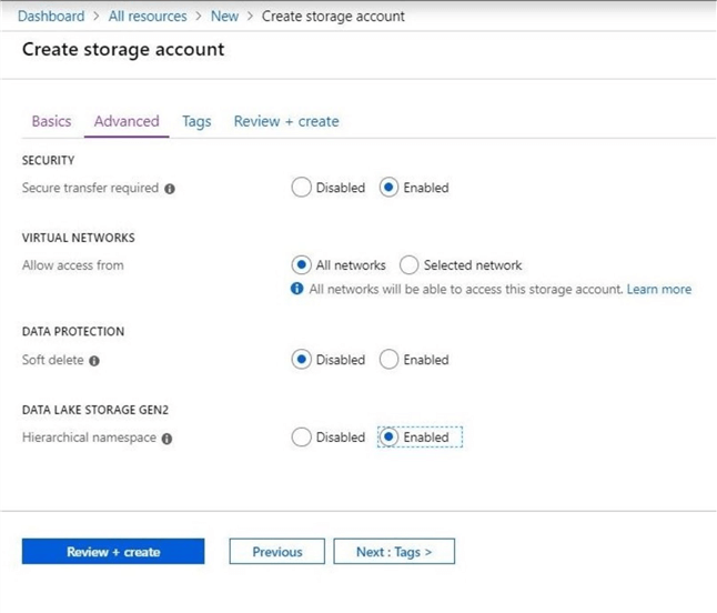 Azure Portal - Advance Options - Enable Data Lake Storage Gen 2.
