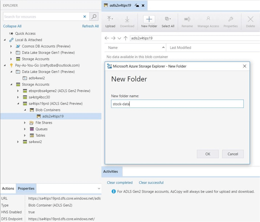 Azure Storage Explorer - New Folder - Create a new folder in the ADLS Gen 2 file system.