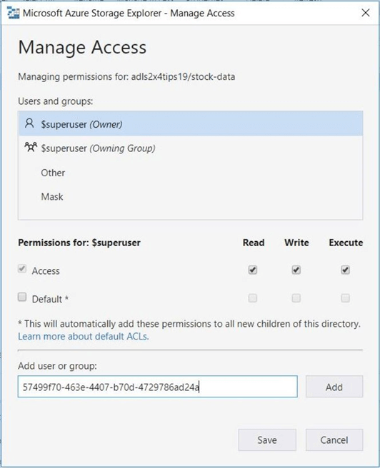 Azure Storage Explorer - Manage Access - Adding a user by object id.