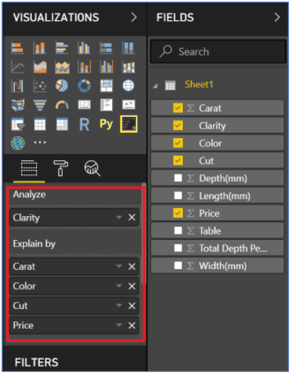 Fields added to Analyze and Explain by sections in Power BI Desktop.