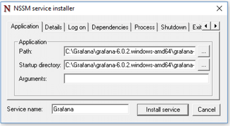 Using NSSM utility to create the Grafana Windows service
