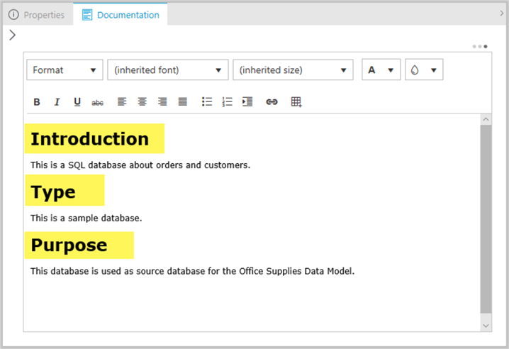 Adding documentation to the data asset (SQL database)