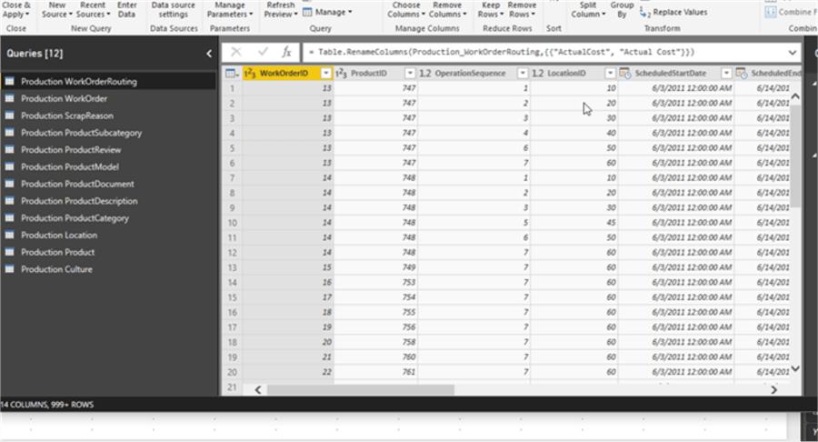 New Query Set in Power BI for new data set of production data
