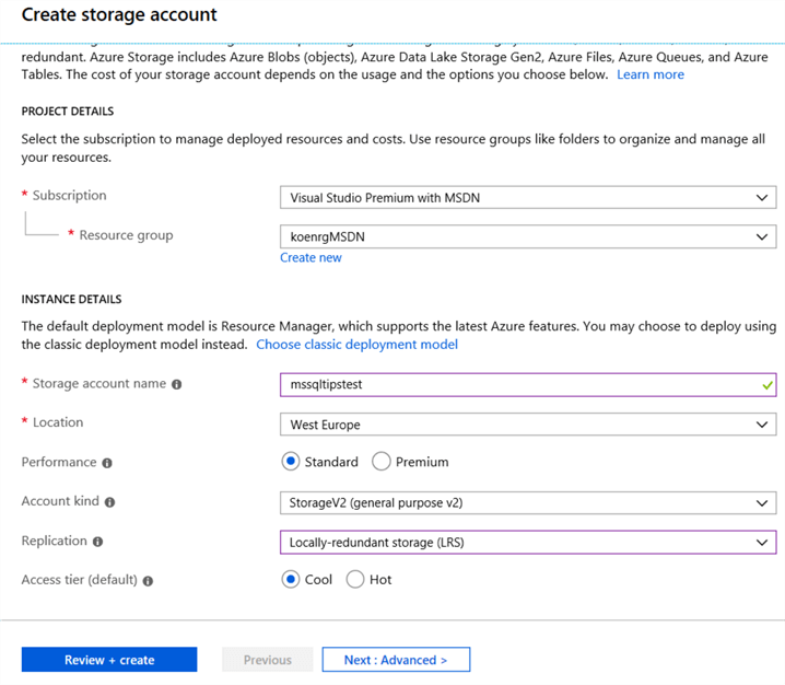 Create storage account in Azure File Services