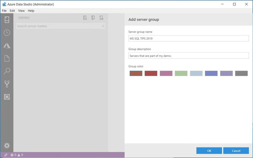 Azure Data Studio - Install Program - Add server group - Add a named server group to organize connections.