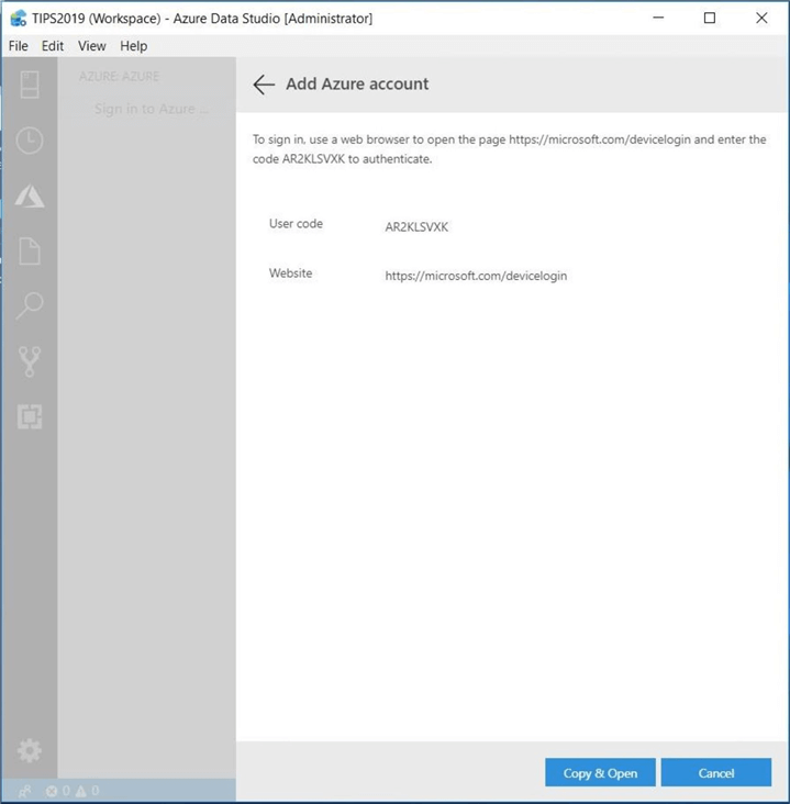 Azure Data Studio - Install Program - Add Azure Account - The Azure menu is used to connect to a valid subscription.