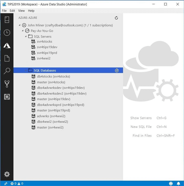 Azure Data Studio - Install Program - List Azure Objects - This pane lists the Azure Servers and Databases associated with the subscription.
